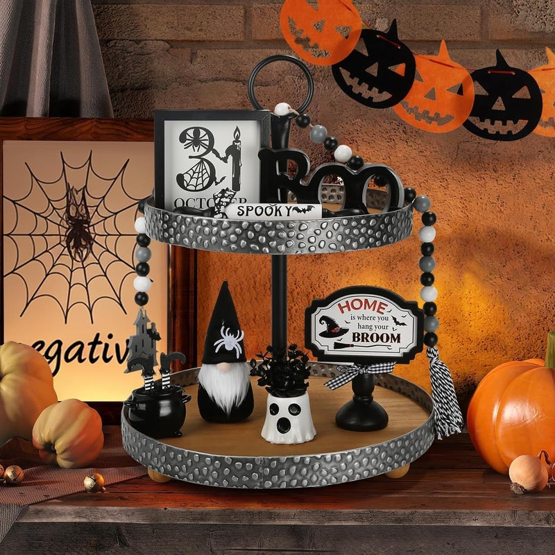 SYNCVIBE Halloween Decorations 8PCS Tiered Tray Decor, Cute Tabletop Halloween Decor for Home Tray Shelf Fireplace Mantel Coffee Bar Office Desk Table Centerpieces Farmhouse Rustic Spooky Wood Signs - Image 2